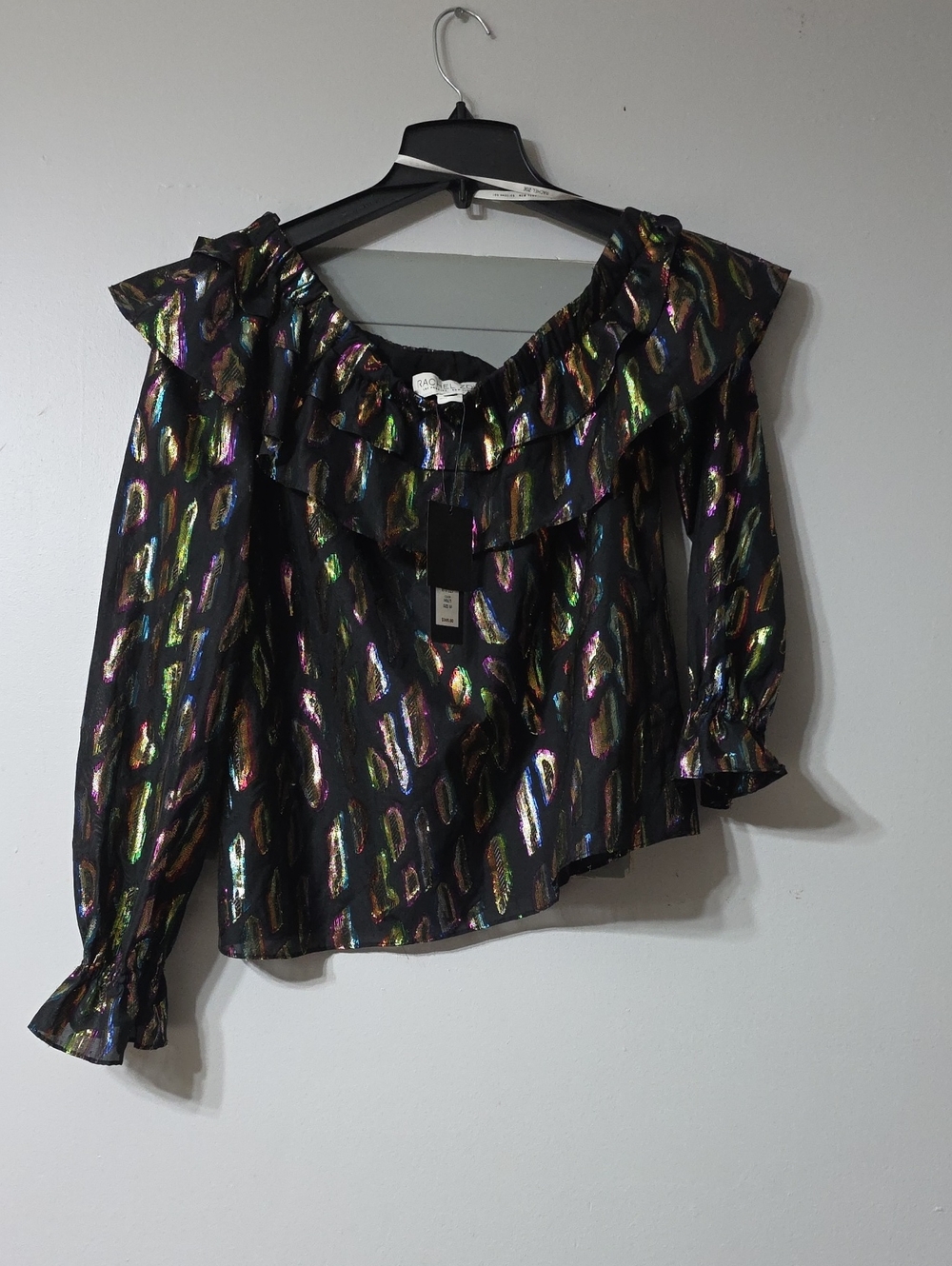 Women's Black Metallic Ruffle Off-Shoulder Top